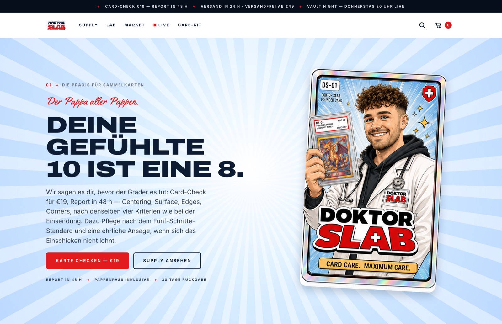 DOKTOR SLAB — the practice for trading cards: 'Deine gefühlte 10 ist eine 8', card check for €19 with a report in 48 hours