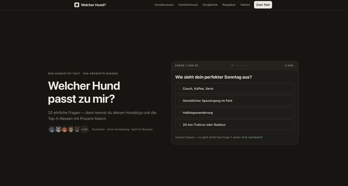 Screenshot of the Hundstyp quiz result screen showing a percentage match score against ranked dog breeds