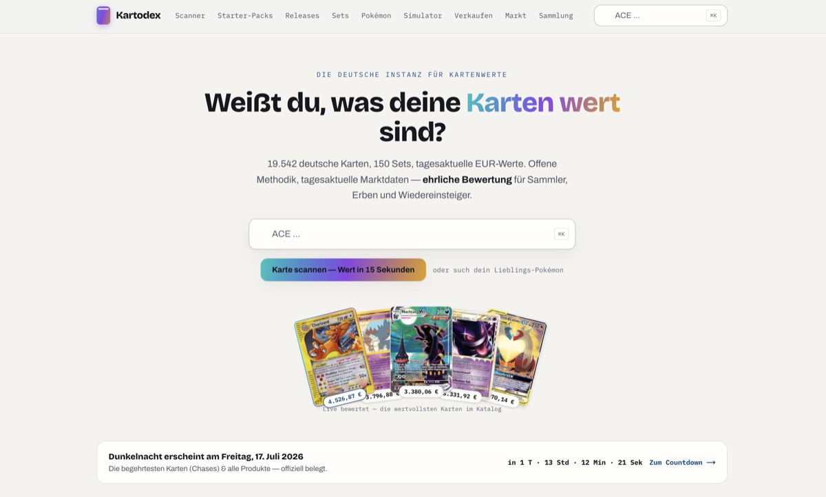 Kartodex — the German instance for Pokémon card values: scan a card, get its worth in 15 seconds