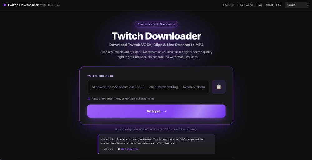 Screenshot of the VODfetch website — a Twitch VOD, Clip and Live stream downloader with a URL input and quality selector